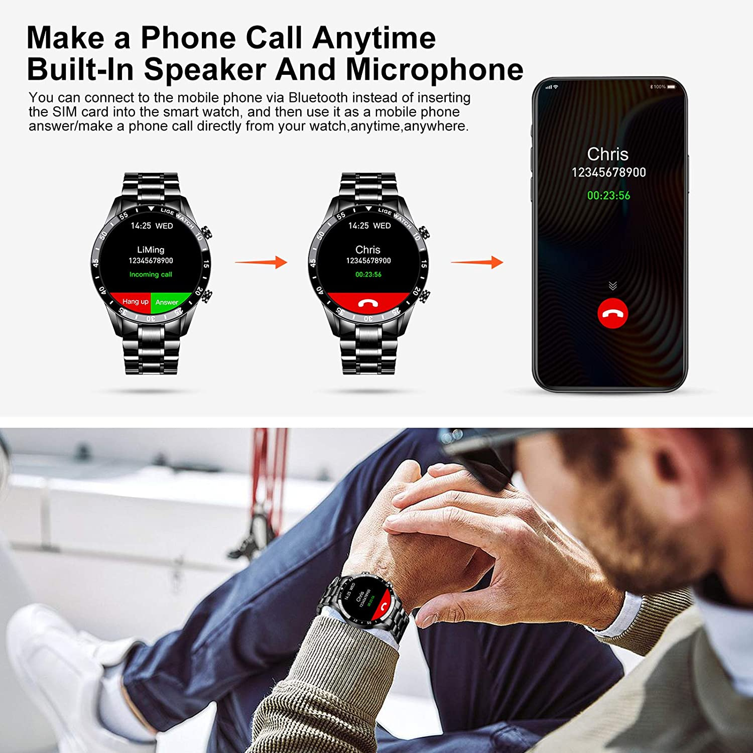 Interfaz de reloj inteligente mostrando llamada entrante. Personas interactúan con reloj y teléfono.