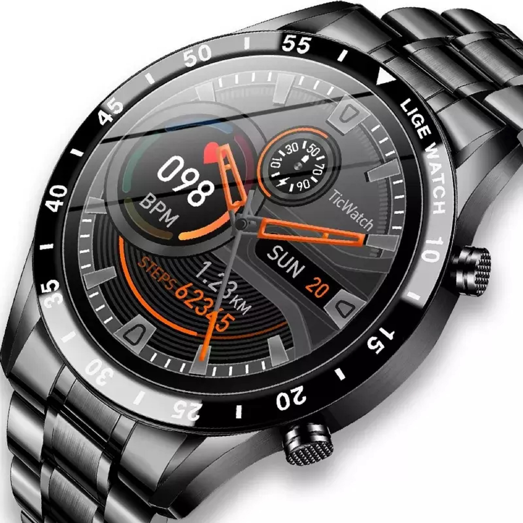 Reloj negro con pantalla digital. Muestra BPM, pasos, distancia y la fecha.