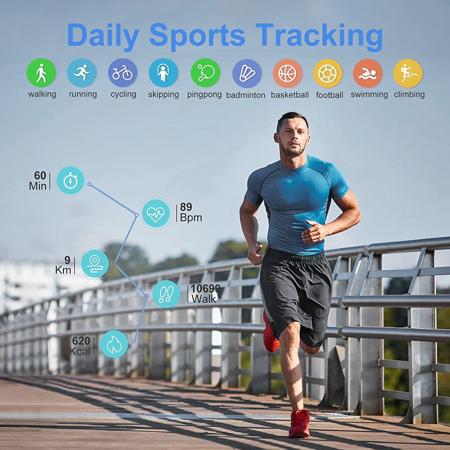 Un hombre corriendo en un puente con datos de seguimiento de actividad. Los datos incluyen distancia y frecuencia cardíaca.