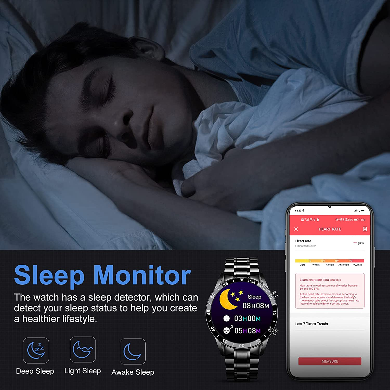 Una persona durmiendo con un reloj inteligente y un teléfono que muestra datos de sueño.