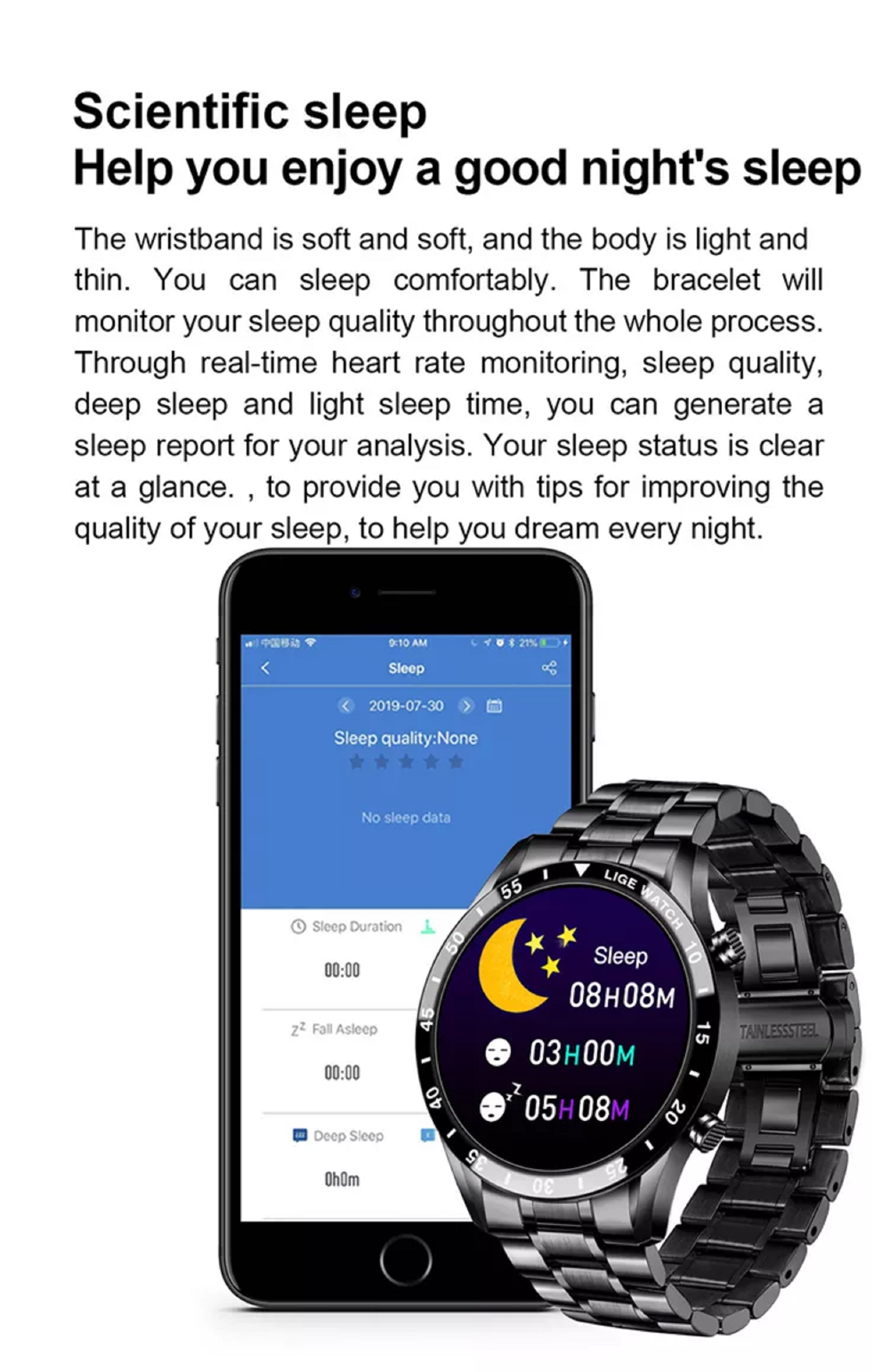 Reloj inteligente en la muñeca y smartphone mostrando datos de sueño, con texto sobre fondo blanco.