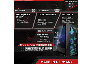 SYSTEMTREFF High-End Gaming AMD Ryzen 9 5900X, Windows 11 Pro, Gaming PC mit AMD Ryzen™ 9 Prozessor , 32 GB RAM , 1000 GB  mSSD , 2000 GB  HDD , Nvidia GeForce RTX 3070 Ti 8GB GDDR6X  