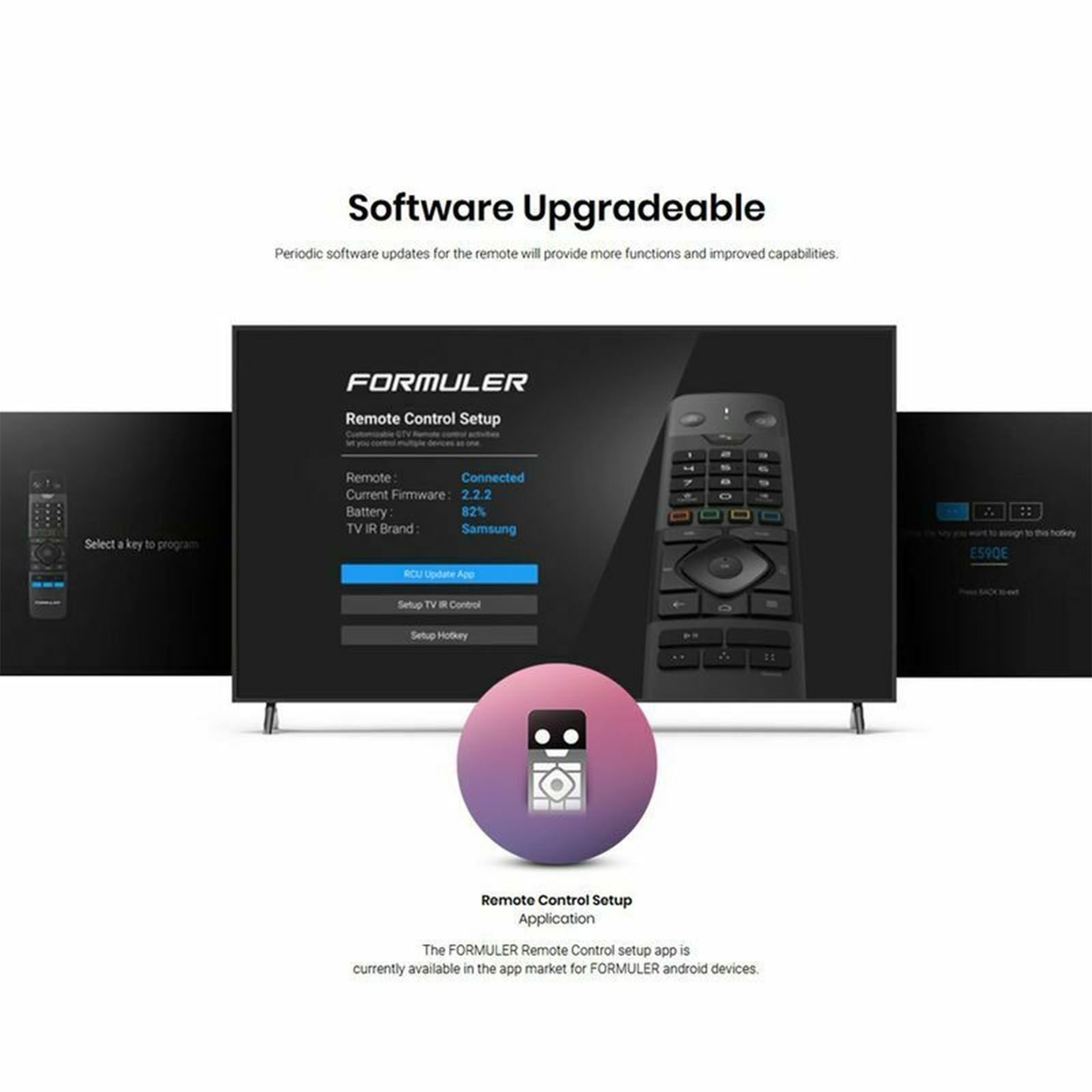 TV-Bildschirm zeigt Fernbedienungs-Setup-Oberfläche mit Fernbedienung und App-Symbol.