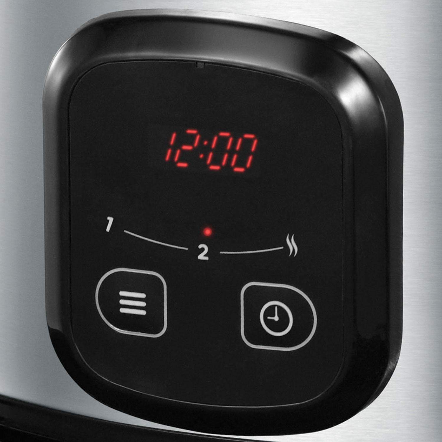 Pannello digitale nero con numeri rossi. Visualizza 12:00 e le impostazioni per temperatura e tempo.
