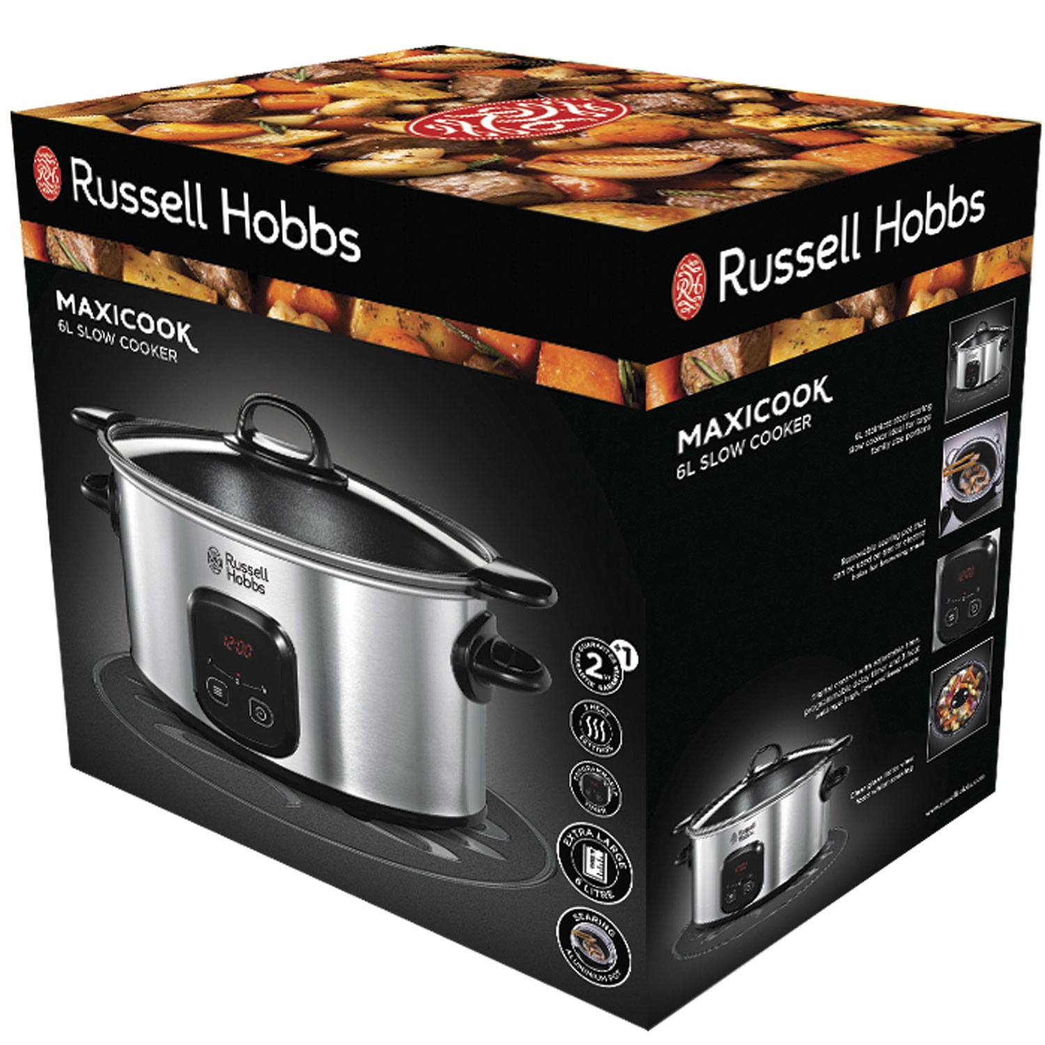 Una pentola a cottura lenta Russell Hobbs Maxicook 6L nella sua scatola, che mostra il prodotto e le sue caratteristiche.