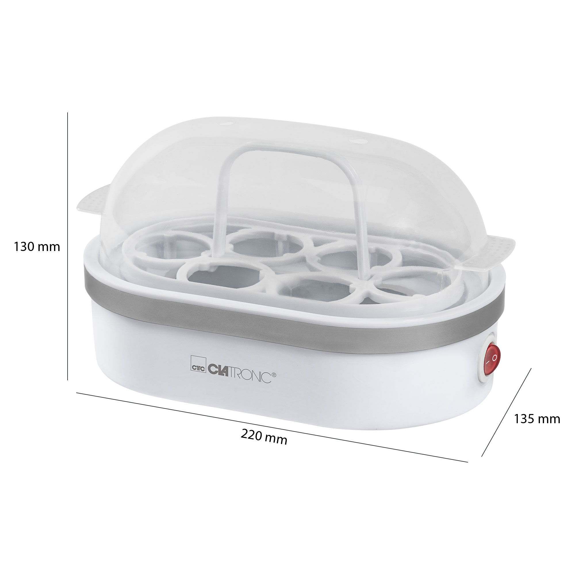 Biała i szara maszynka do gotowania jajek z przezroczystą pokrywą, pokazująca wymiary.