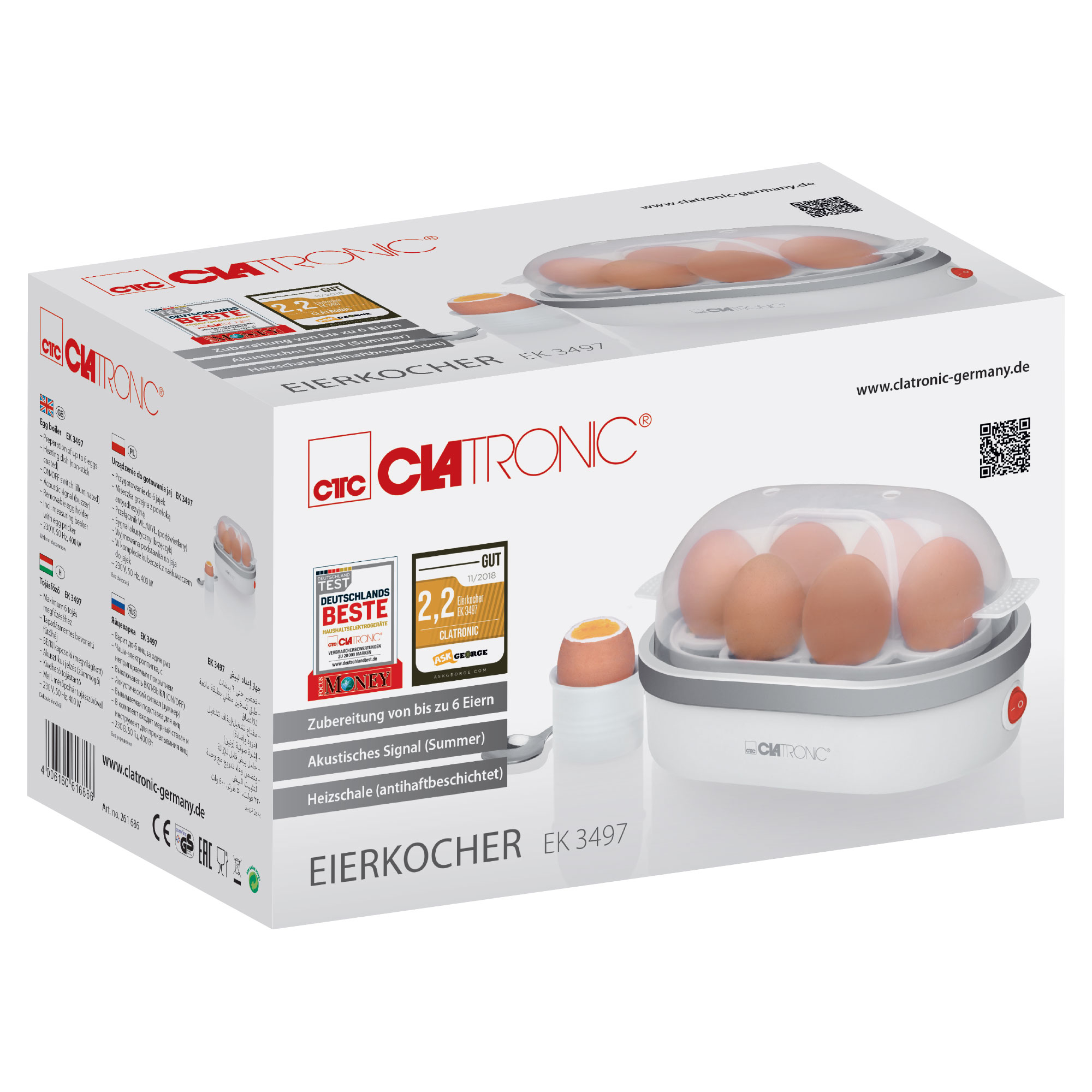 Białe i przezroczyste urządzenie do gotowania jajek z jajkami w środku i pudełkiem z etykietą z boku.