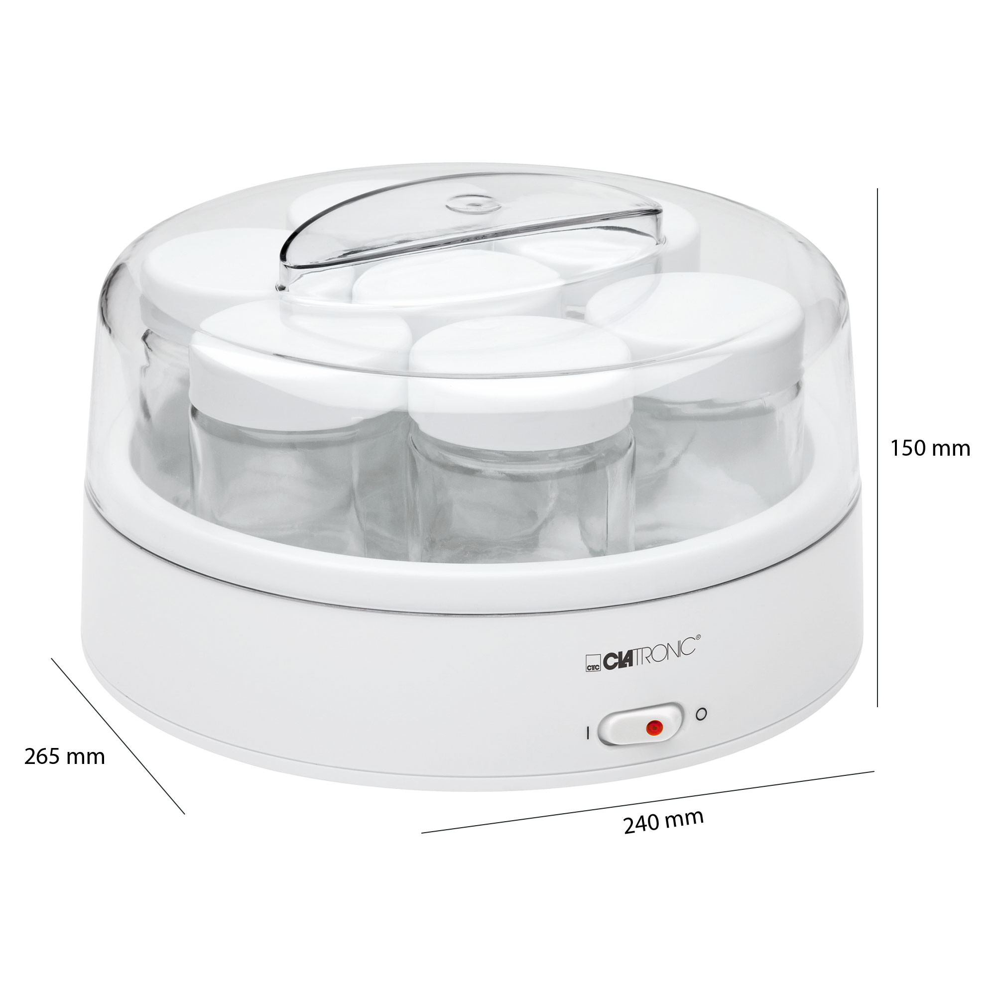 Biała i przezroczysta jogurtownica z wymiarami na białym tle. Zawiera sześć słoików.