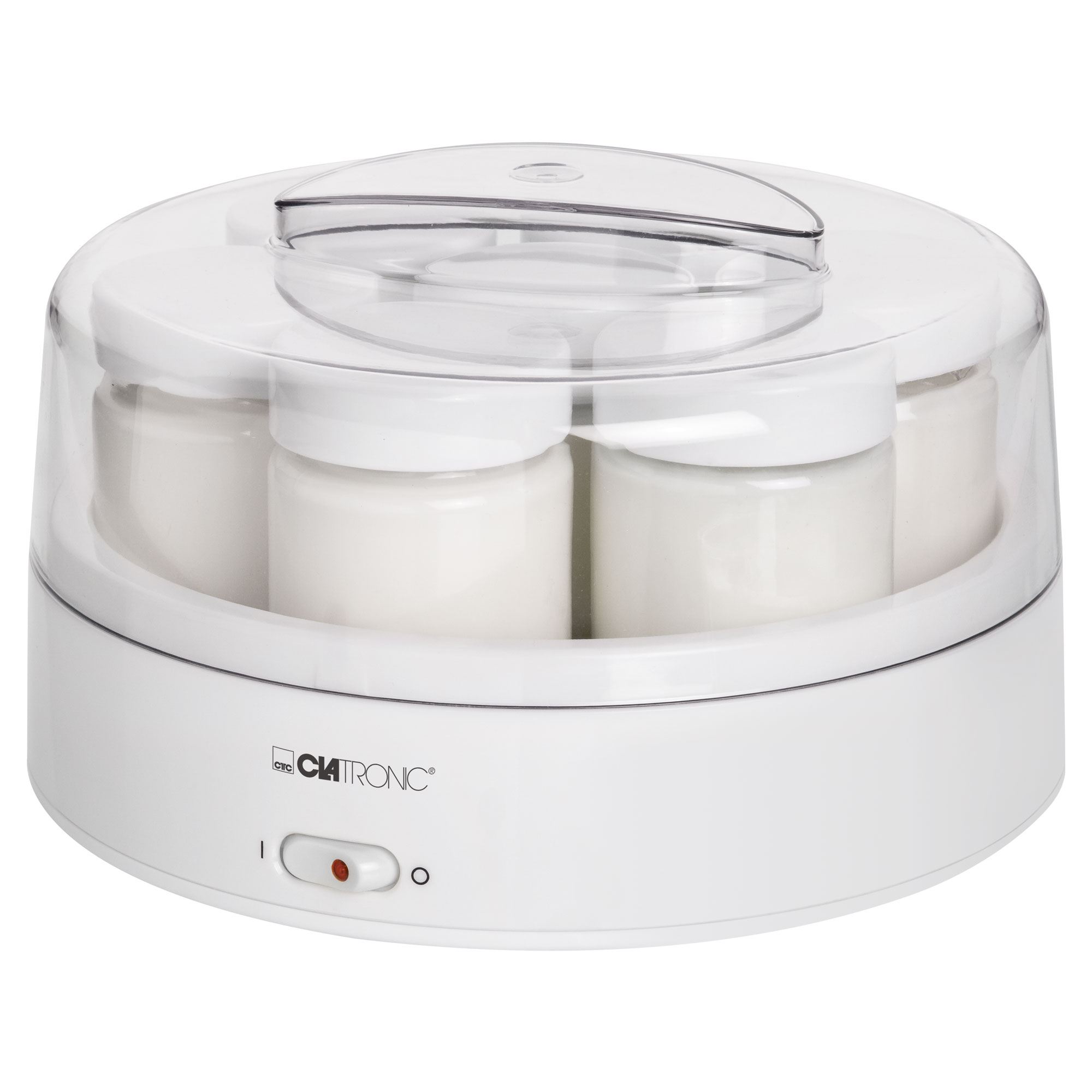 Biały jogurtownica z sześcioma słoikami w środku. Ma przezroczystą pokrywę i włącznik zasilania.