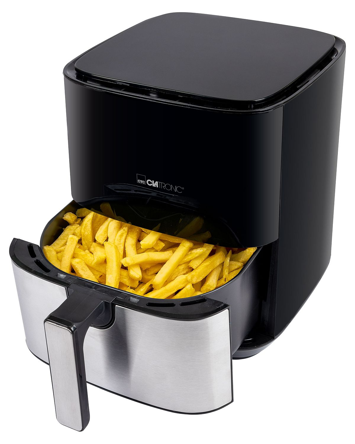 Eine schwarze Heißluftfritteuse mit offener Schublade, gefüllt mit gelben Pommes Frites.