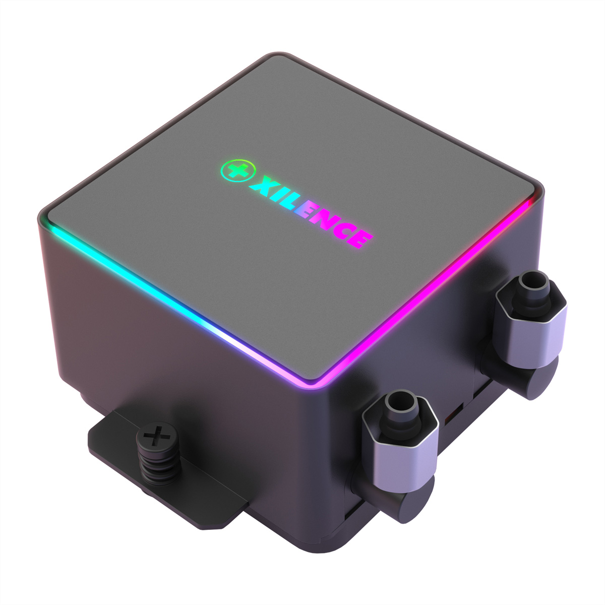 Czarny, kwadratowy system chłodzenia komputera ze światłami LED i nazwą marki.