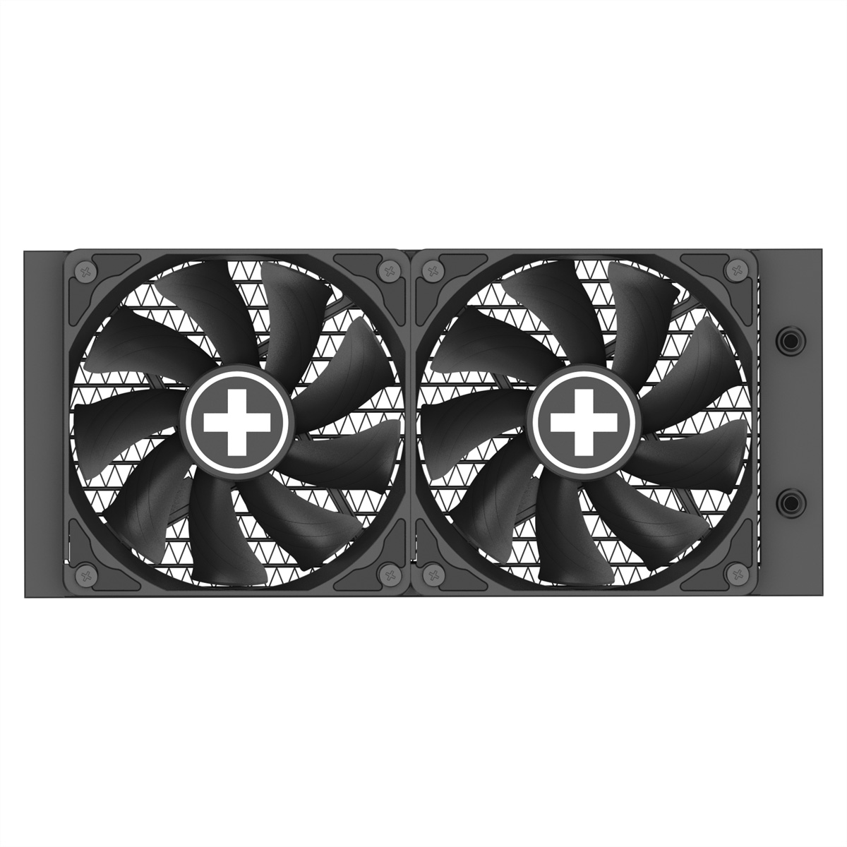 Jednostka chłodząca z dwoma wentylatorami i czarną ramą, z białymi znakami plus na wentylatorach.