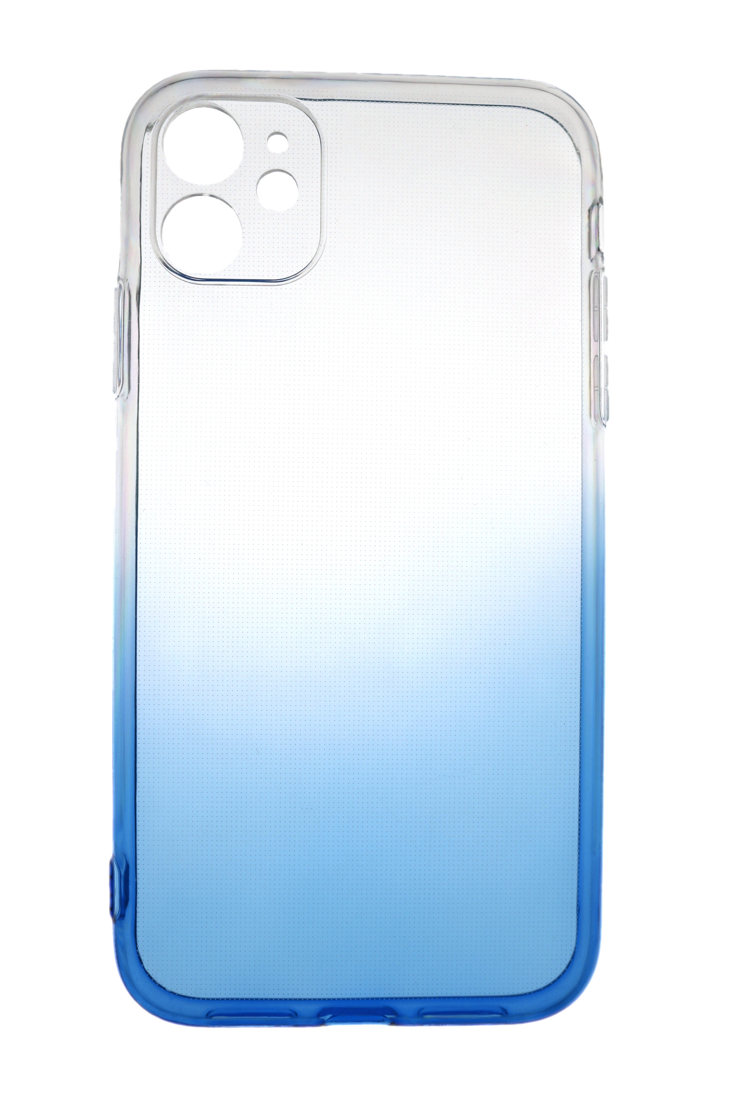 Transparente Handyhülle mit blauem Farbverlauf auf weißem Hintergrund. Sie hat Kameraausschnitte.