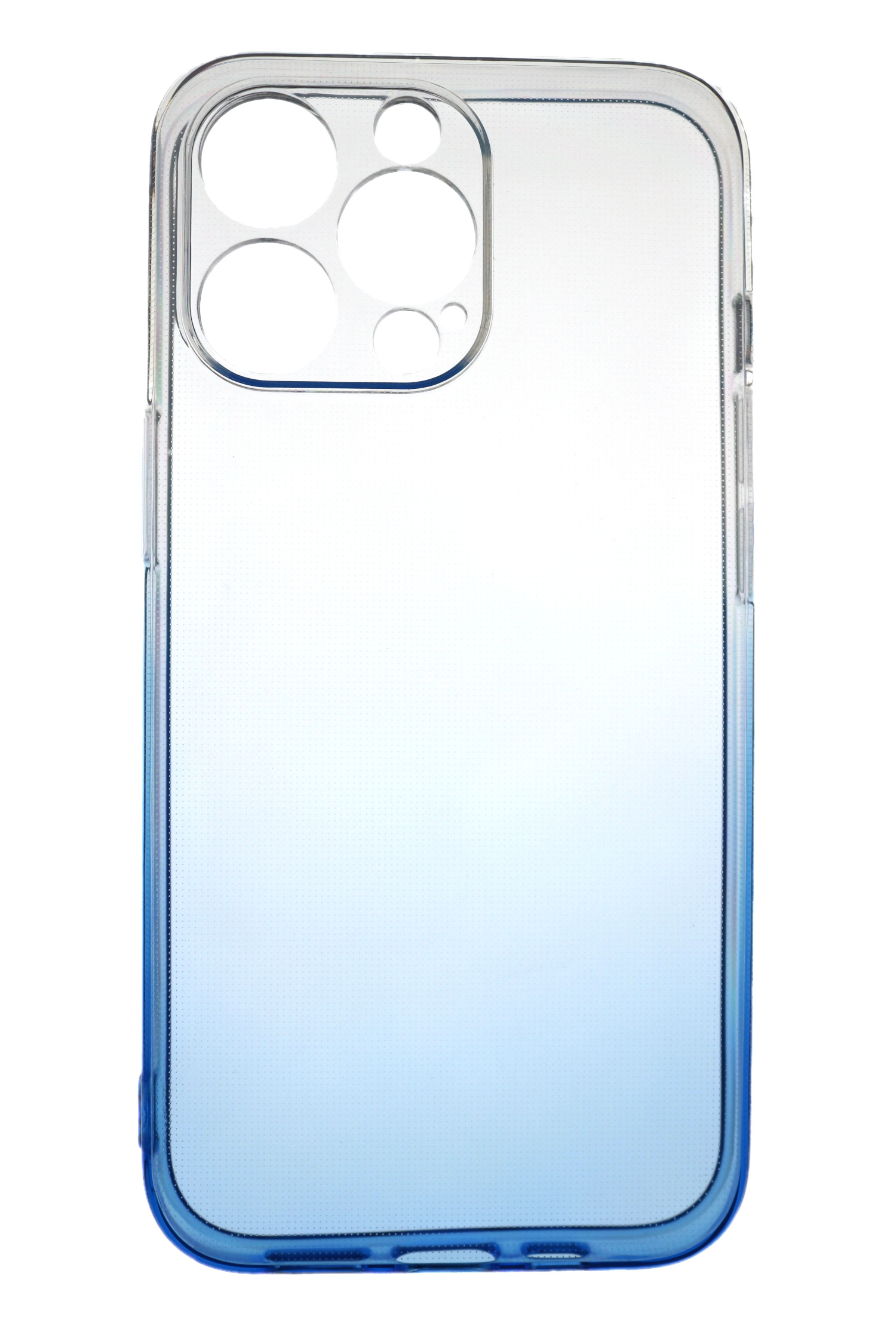 Eine transparente Handyhülle mit blauem Farbverlauf. Die Hülle hat Kameraausschnitte und einen weißen Hintergrund.