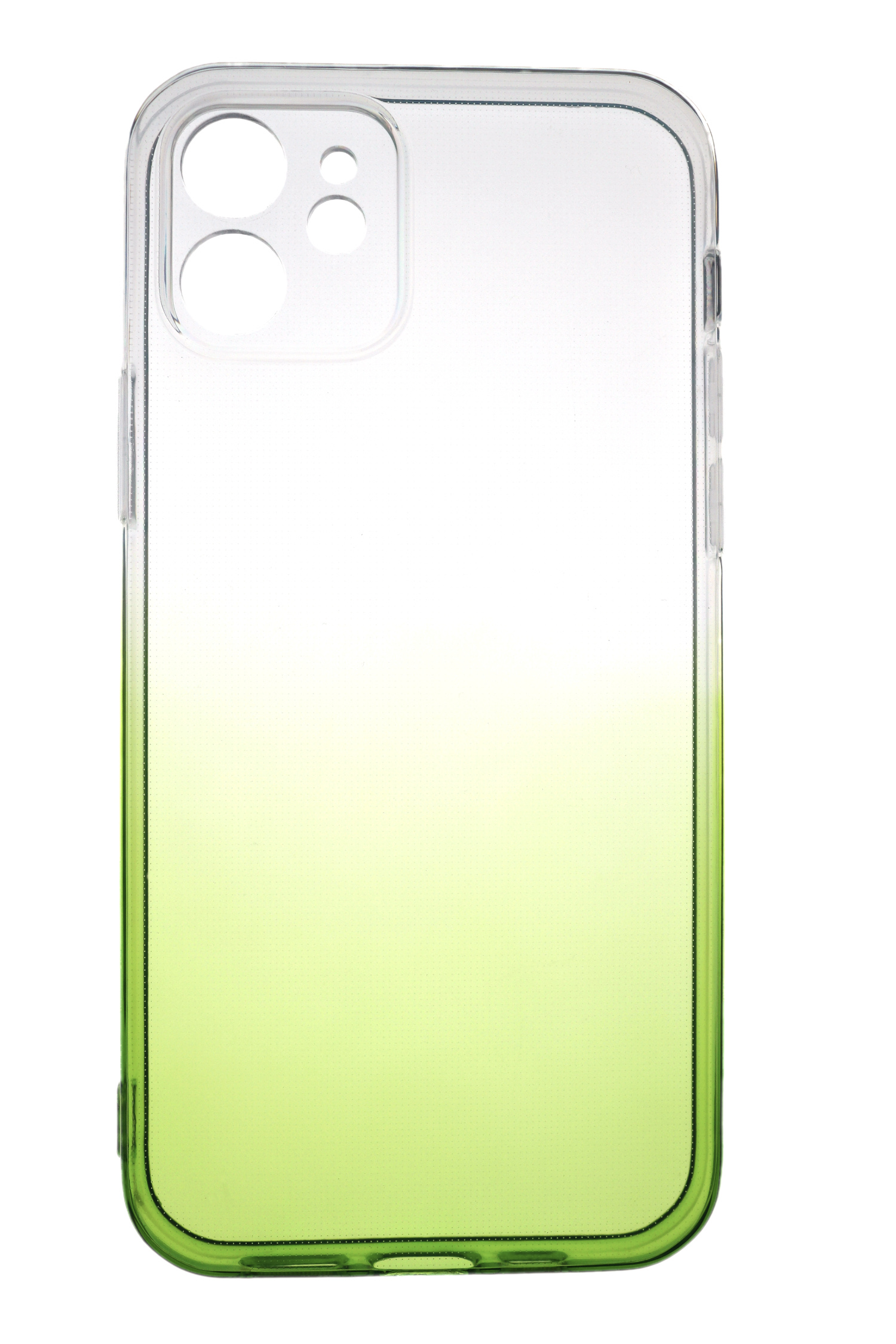 Transparente Handyhülle mit grünem Farbverlauf. Die Hülle hat Aussparungen für Kamera und Tasten.