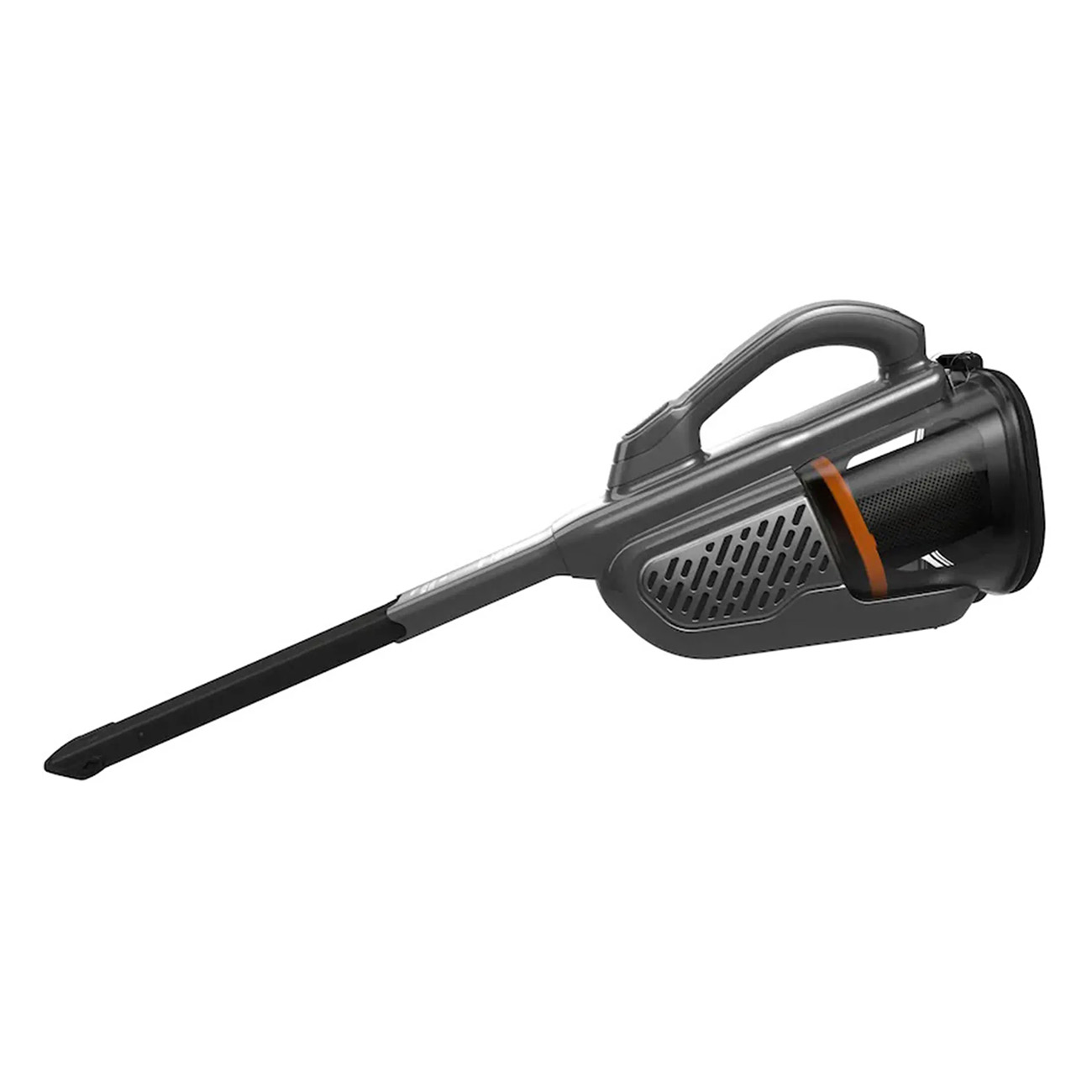 Gray handheld vacuum cleaner, handle, nozzle, and black dust cup, white background.