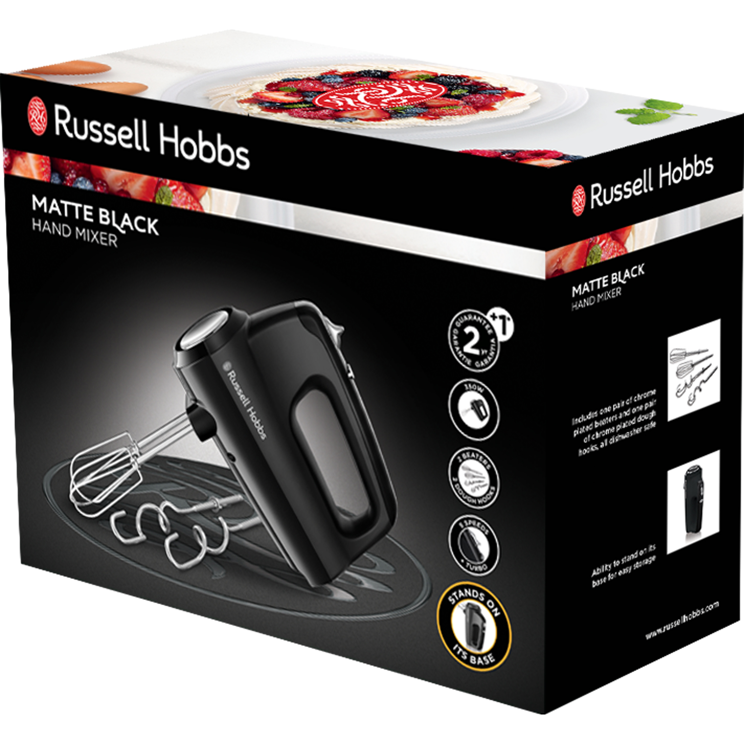 Doos voor een Matte Black handmixer. De doos toont de mixer, een glazen dienblad en accessoires.