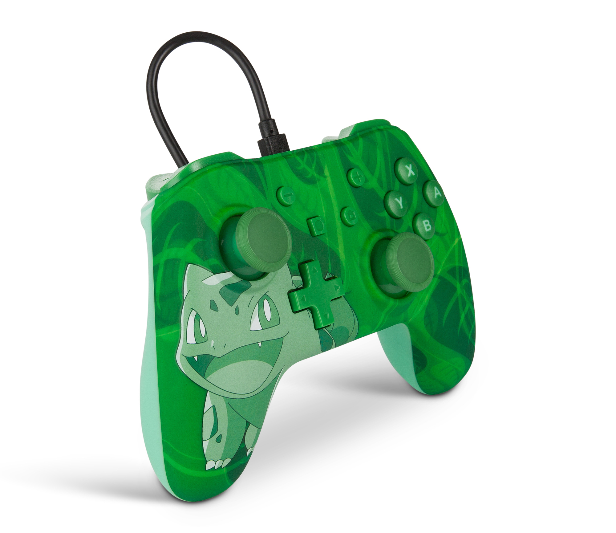 Grüner Pokemon-Controller mit Bisasam. Schwarzes Kabel befestigt. Weißer Hintergrund.