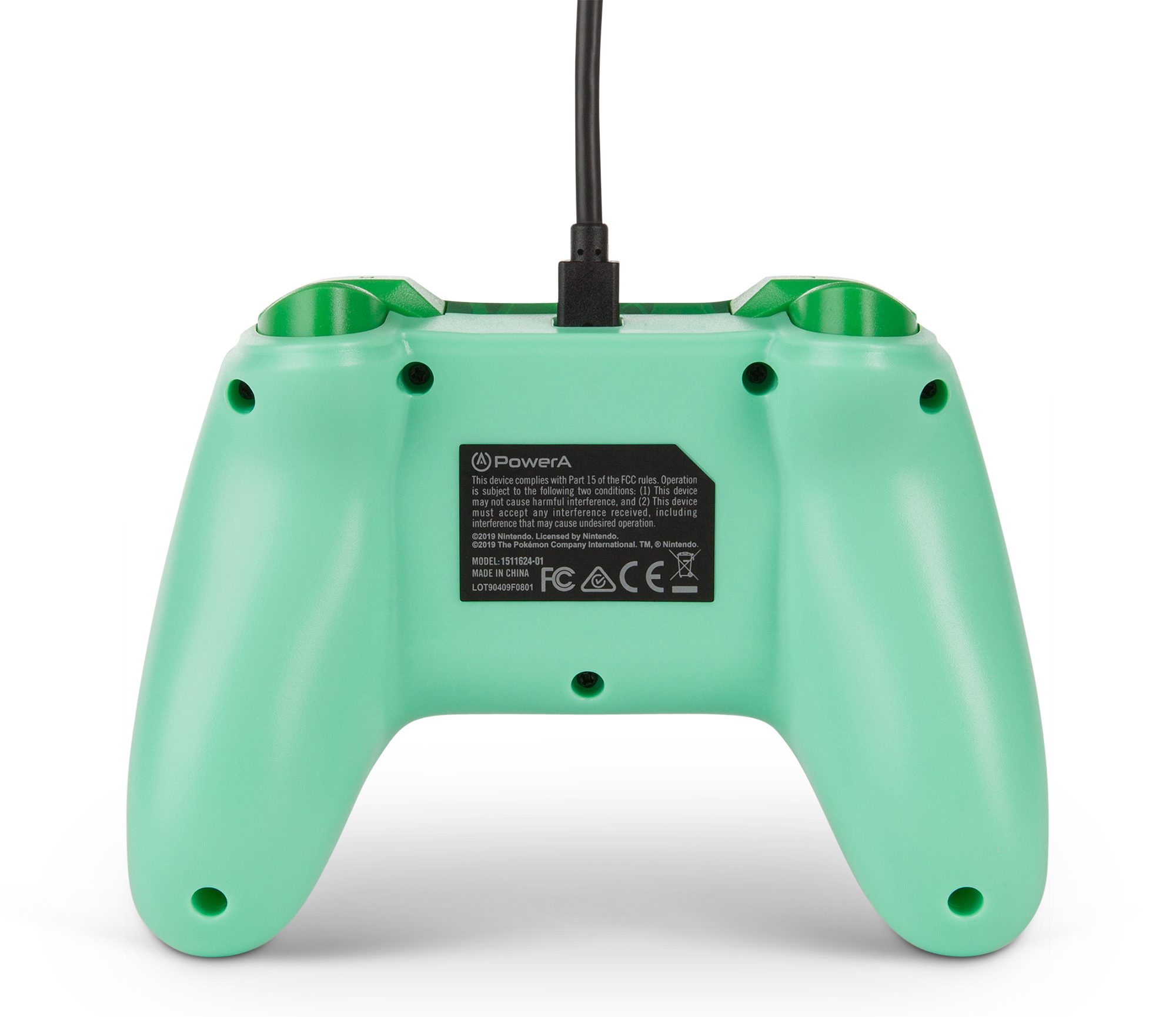 Ein mintgrüner Gamecontroller mit grünen Knöpfen und schwarzem Kabel vor weißem Hintergrund.
