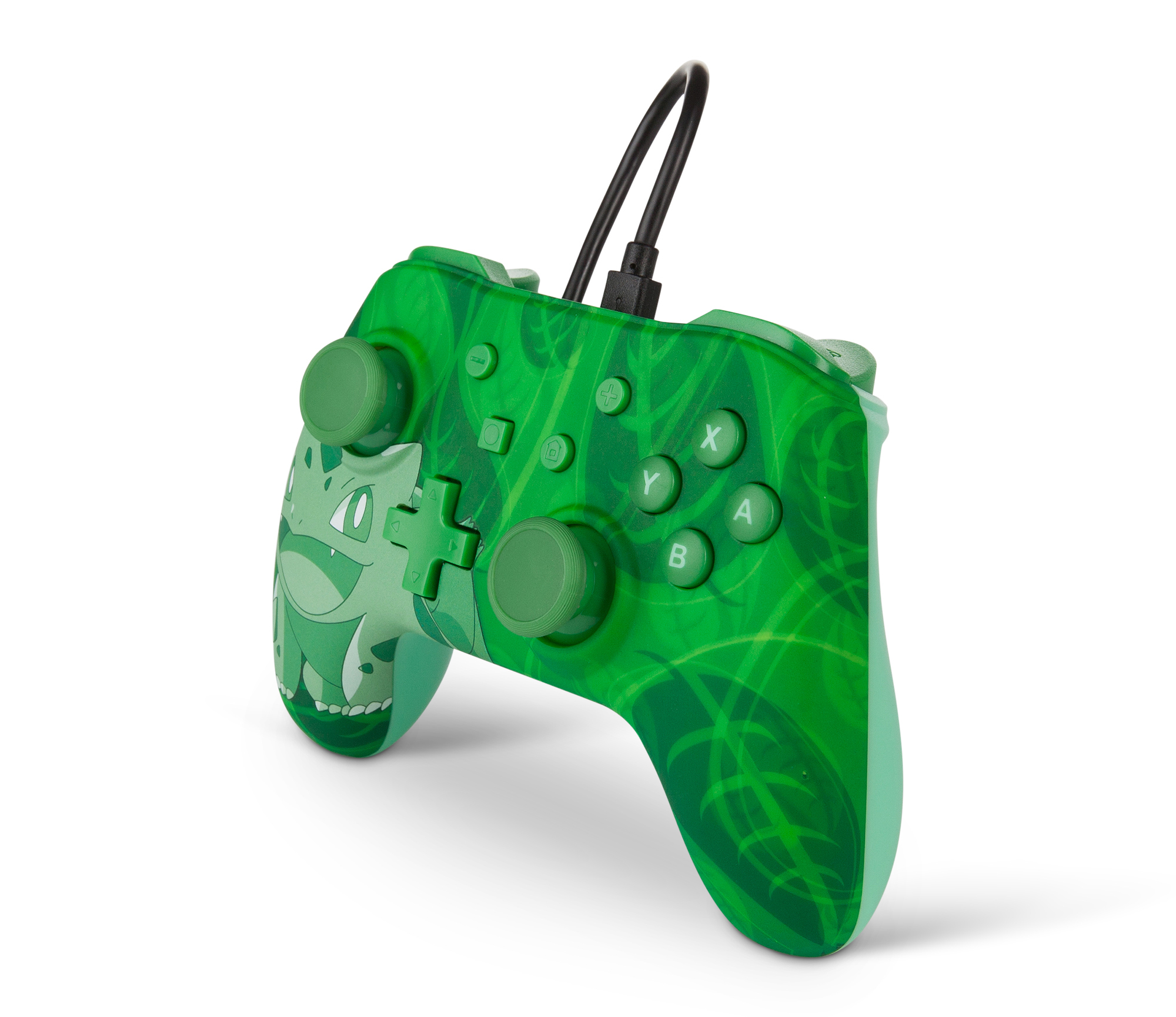 Ein grüner Gamecontroller mit Bulbasaur-Design und einem schwarzen Kabel.