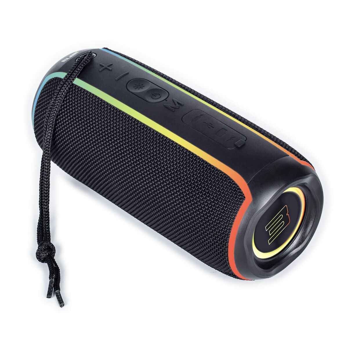 Czarny głośnik przenośny z kolorowymi światłami. Białe tło. Głośnik jest cylindryczny.