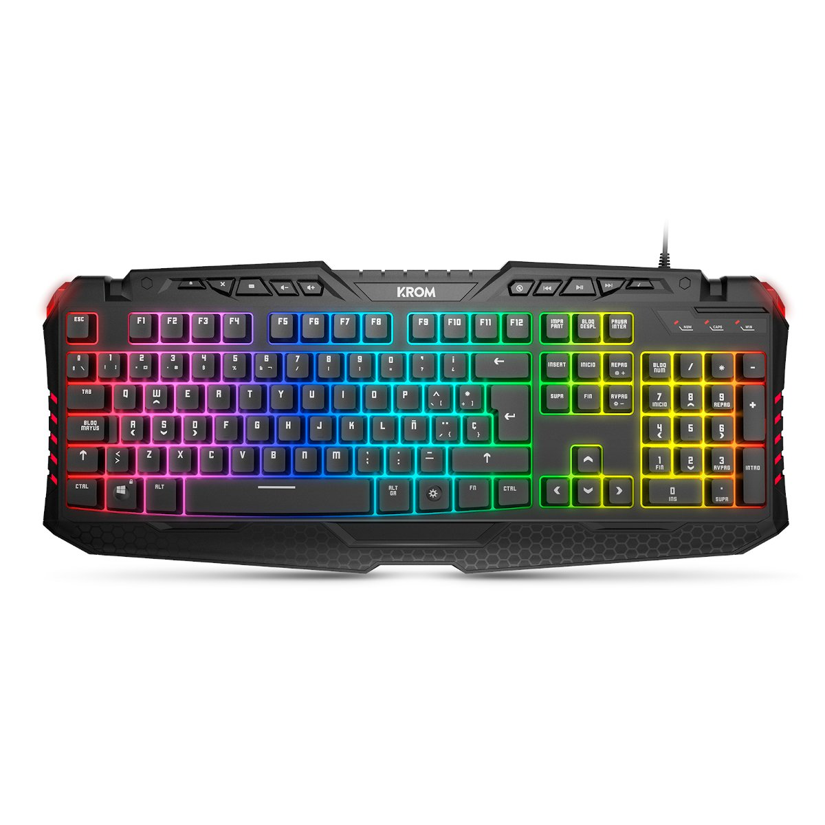 Teclado gaming negro con iluminación RGB.