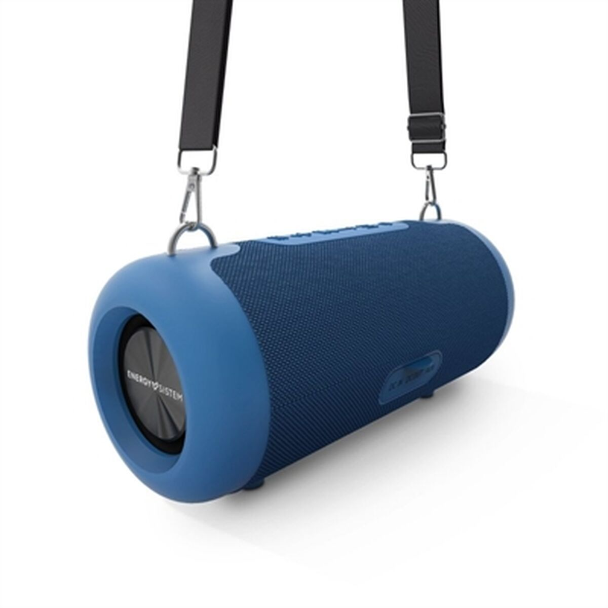 Altoparlante blu, cilindrico con cinghie nere, una griglia per altoparlanti e la parola 'ENERGY SYSTEM'.