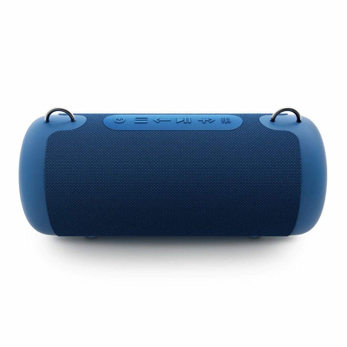 Altoparlante portatile blu, cilindrico. Ha i pulsanti per il volume e i controlli musicali.