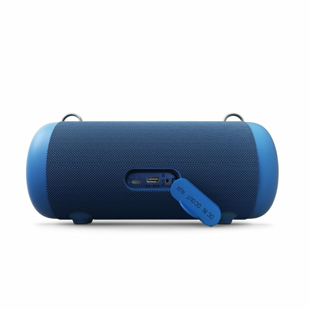 Un altoparlante bluetooth cilindrico blu con porte di ingresso e una cinghia blu.