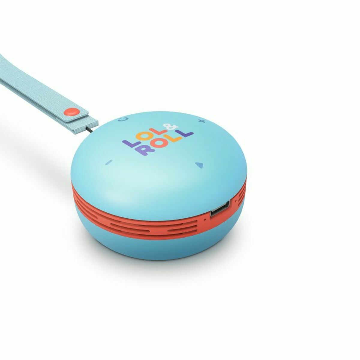 Un pequeño altavoz azul y naranja con correa, el logo LOL&ROLL.