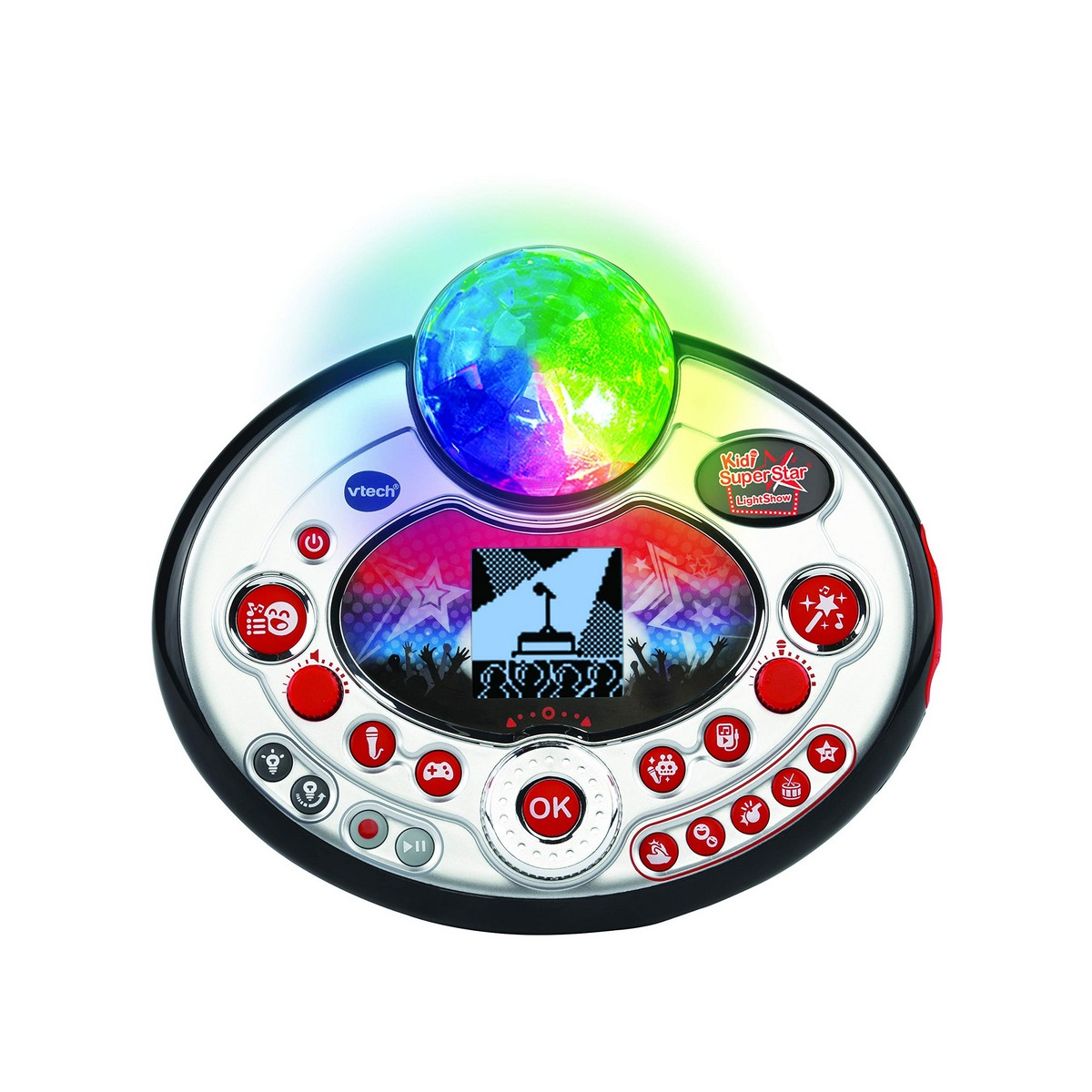 Srebrno-czarna zabawka Kid Superstar z ekranem, czerwonymi przyciskami i kolorową, podświetlaną kopułą.