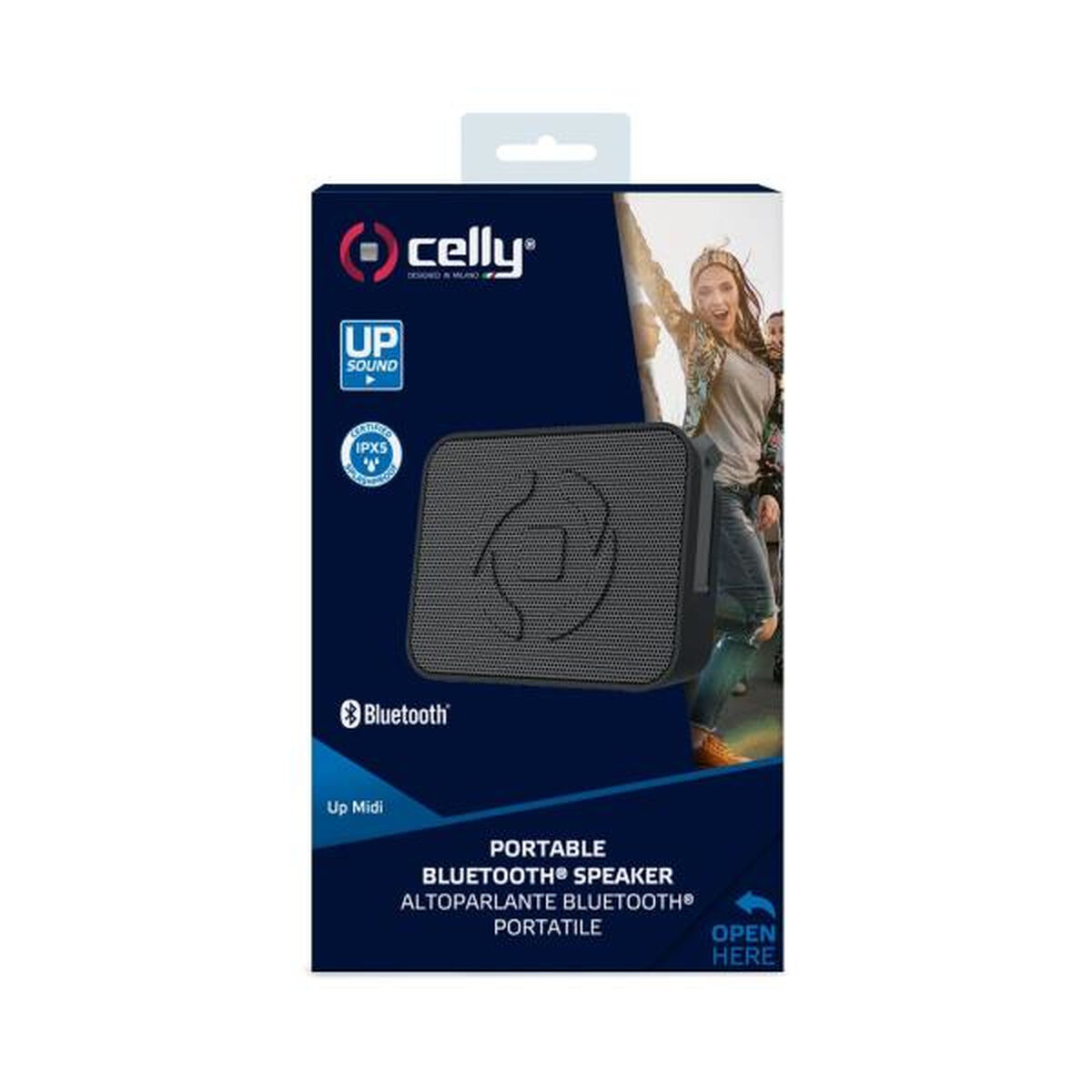 Un altoparlante Bluetooth portatile nero confezionato con una donna sul davanti. Ha il testo 'cely'.