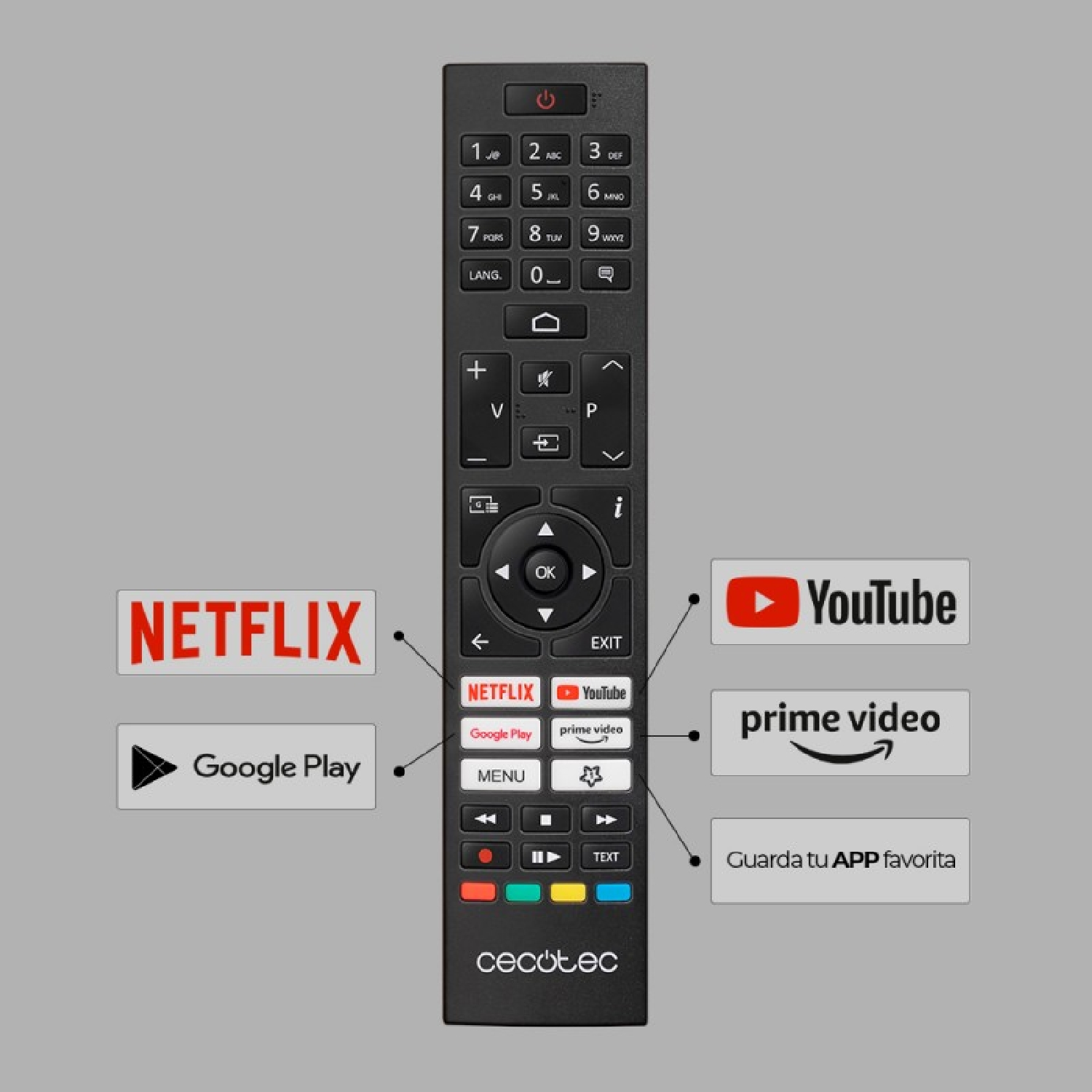 Czarny pilot do telewizora z logo aplikacji, przyciskami funkcyjnymi i marką Cecotec na szarym tle.