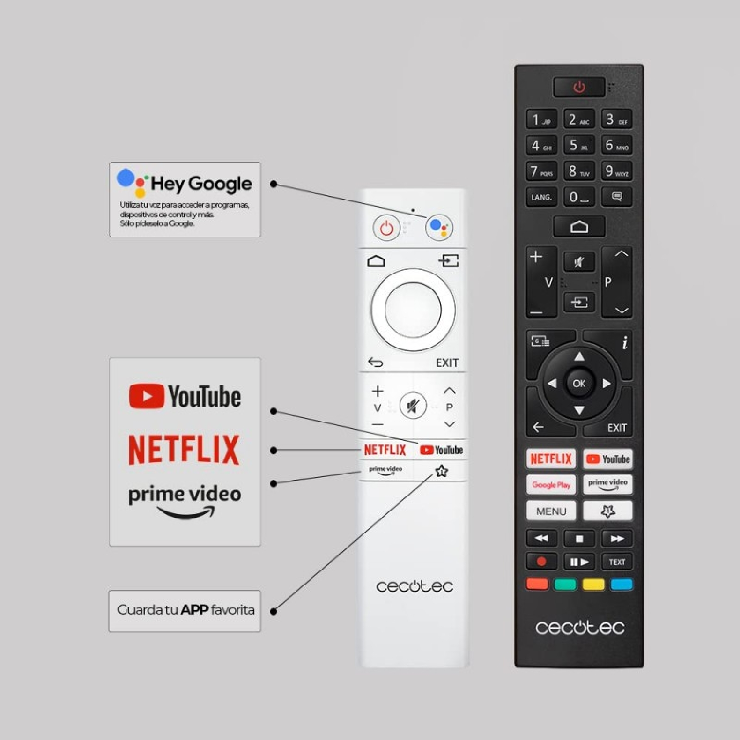 Dos mandos Cecotec. Uno blanco, uno negro. Etiquetas de Netflix, YouTube y Google visibles.