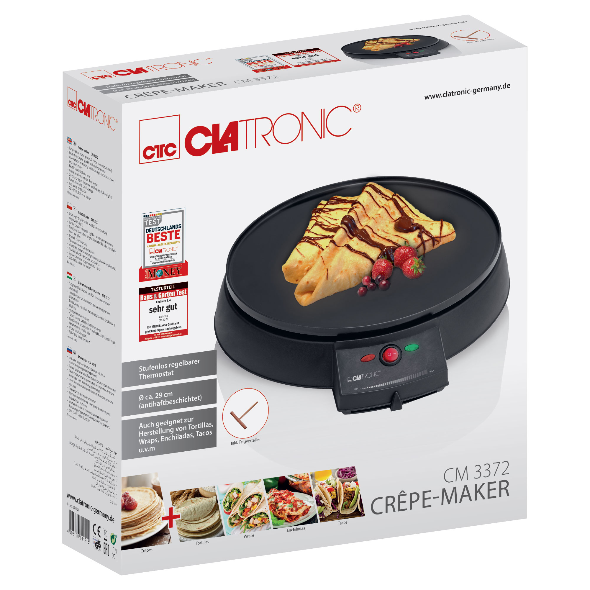 Zapakowany naleśnikarka Clatronic. Maszyna na górze, naleśniki z dodatkami i inne zdjęcia jedzenia.