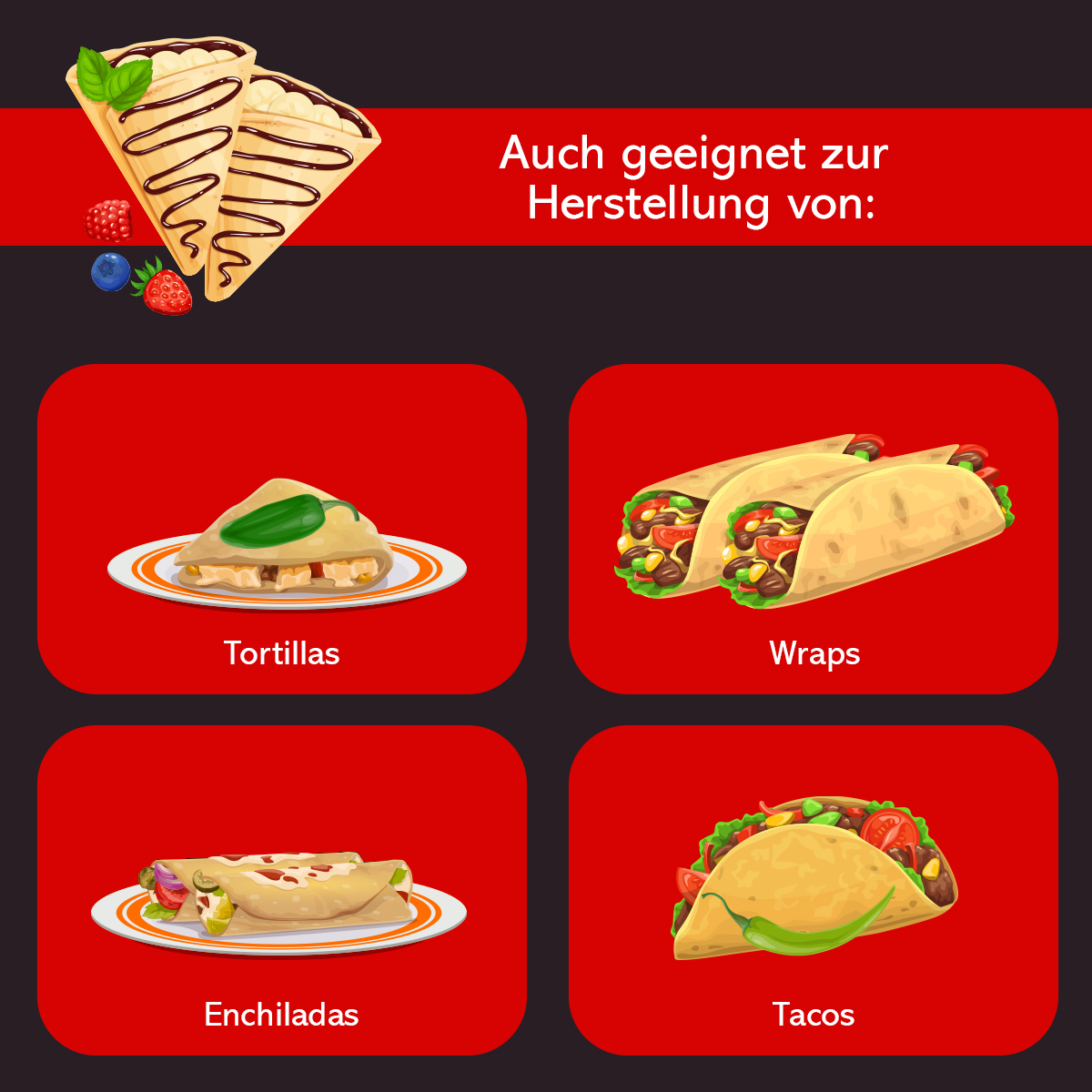 Naleśnik z czekoladą i jagodami, wraz z obrazami tortilli, wrapów, enchiladas i tacos.