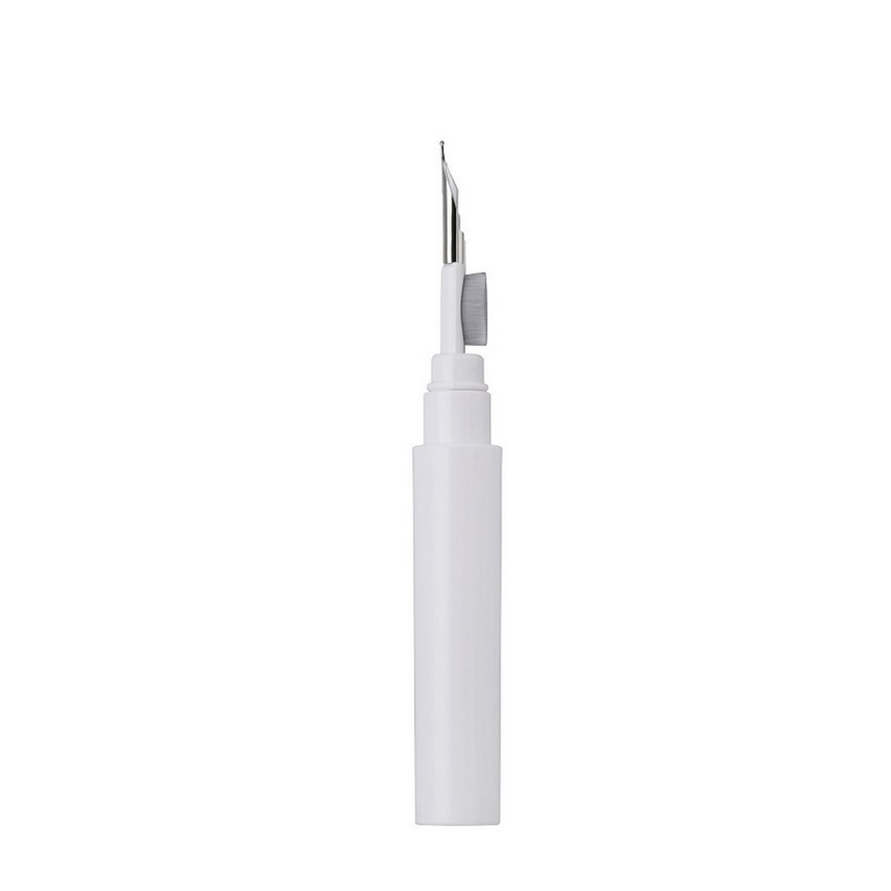 Un dispositivo blanco tipo bolígrafo con un cepillo y una punta metálica fina, de pie.