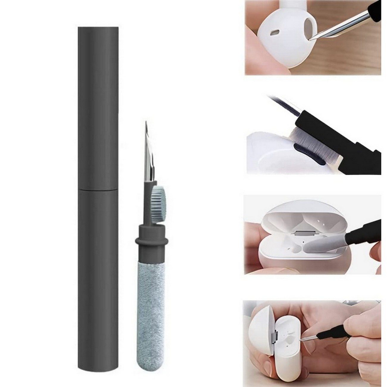 Herramientas de limpieza para auriculares. Incluye un cepillo, una púa de metal y un palo de limpieza con cepillo y punta de esponja.