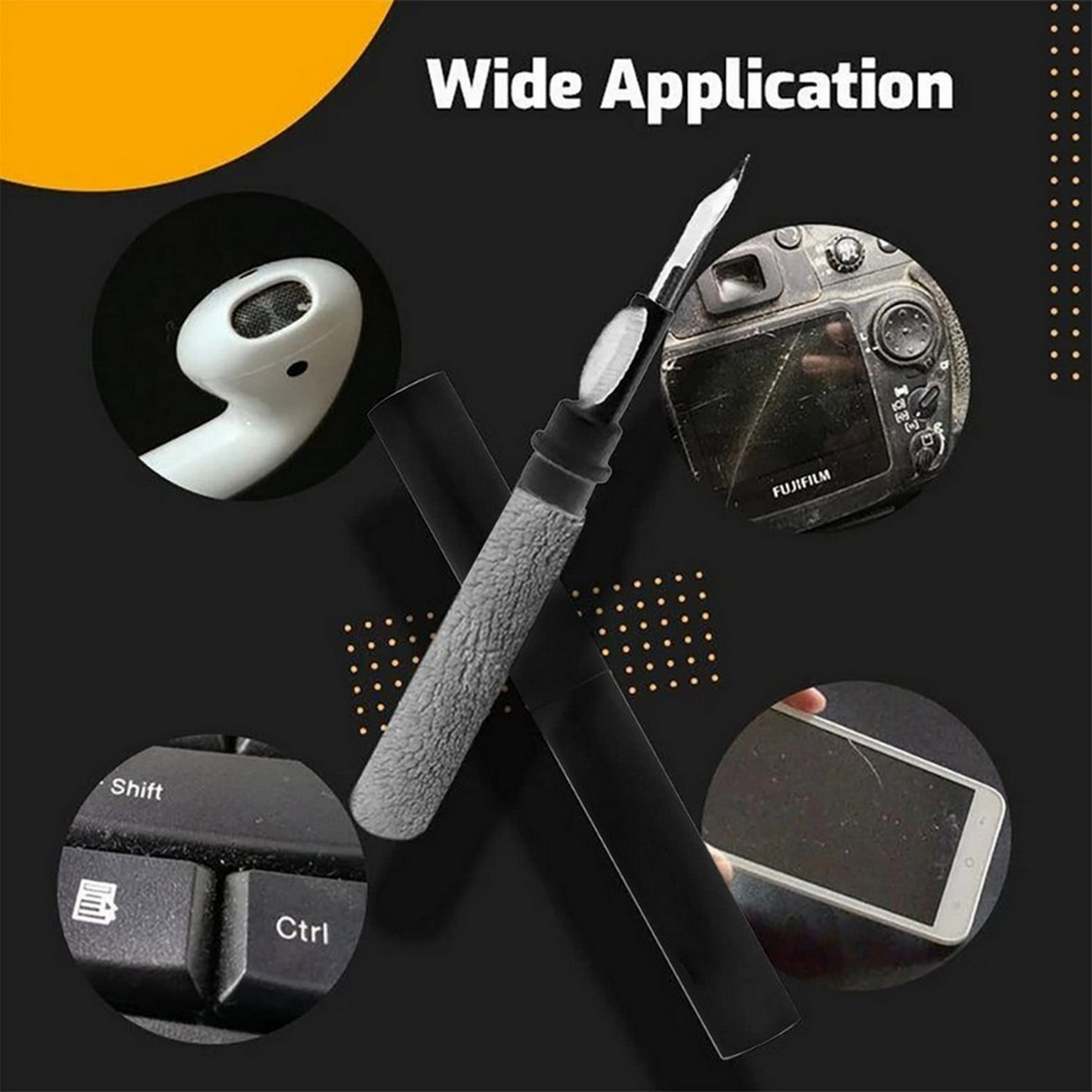 Herramientas de limpieza para varios dispositivos electrónicos. Las herramientas están frente a un fondo negro.