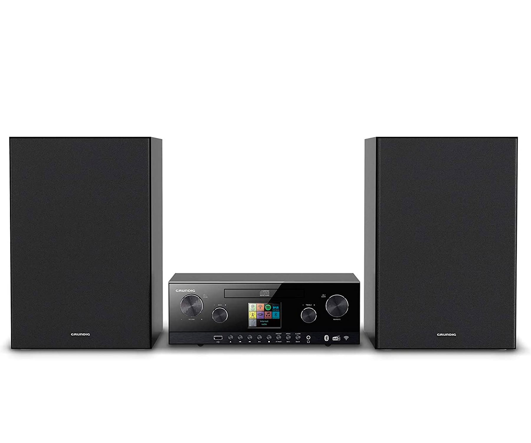 Sistema estéreo negro con dos altavoces y un reproductor central con pantalla y botones.