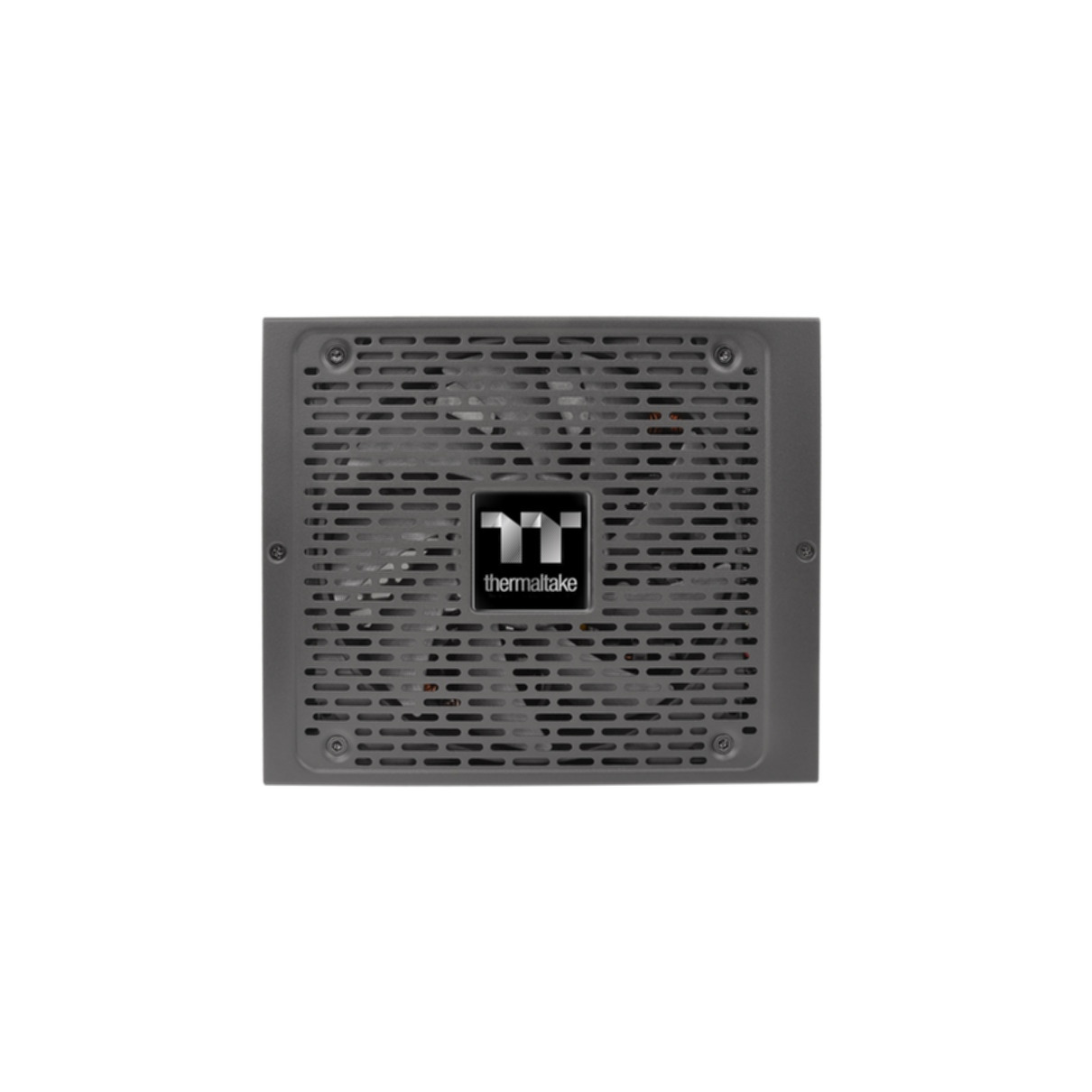 Ein graues Computer-Netzteil mit Lüfter und dem Thermaltake-Logo.