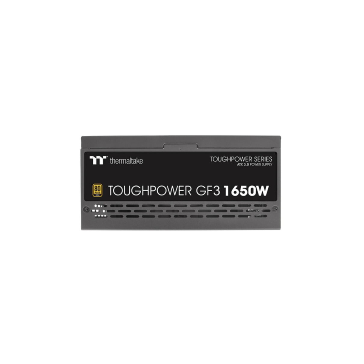 Schwarzes Netzteil mit Thermaltake-Logo. Weißer Hintergrund. Der Text 'TOUGHPOWER' ist sichtbar.