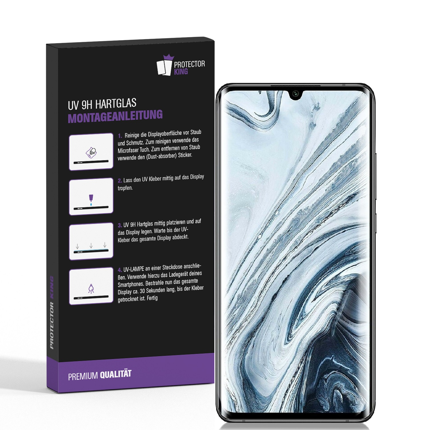 Smartphone mit Displayschutzfolienbox. Box zeigt Installationsschritte. Telefon ist schwarz mit gemustertem Bildschirm.