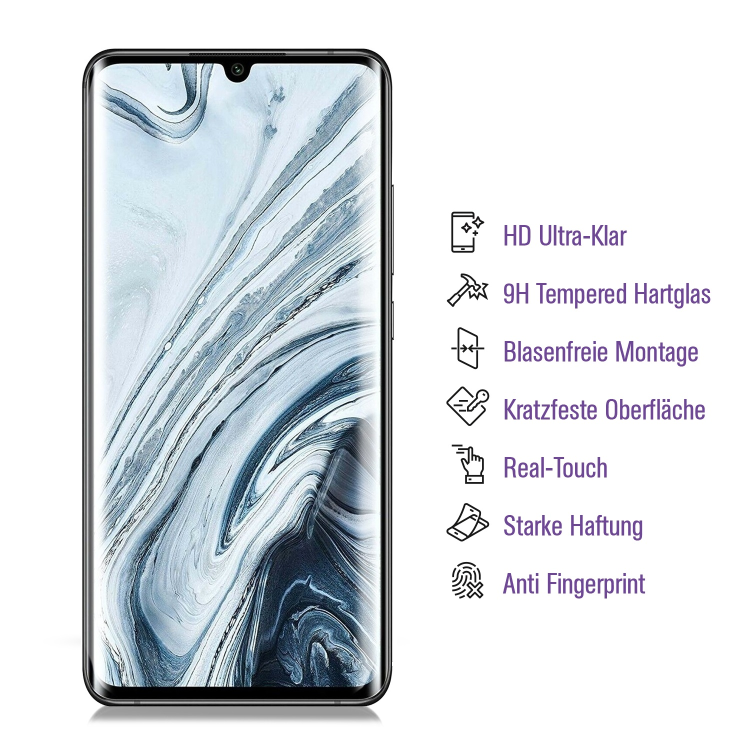 Ein schwarzes Smartphone mit Displayschutzfolie, die Funktionen anzeigt.