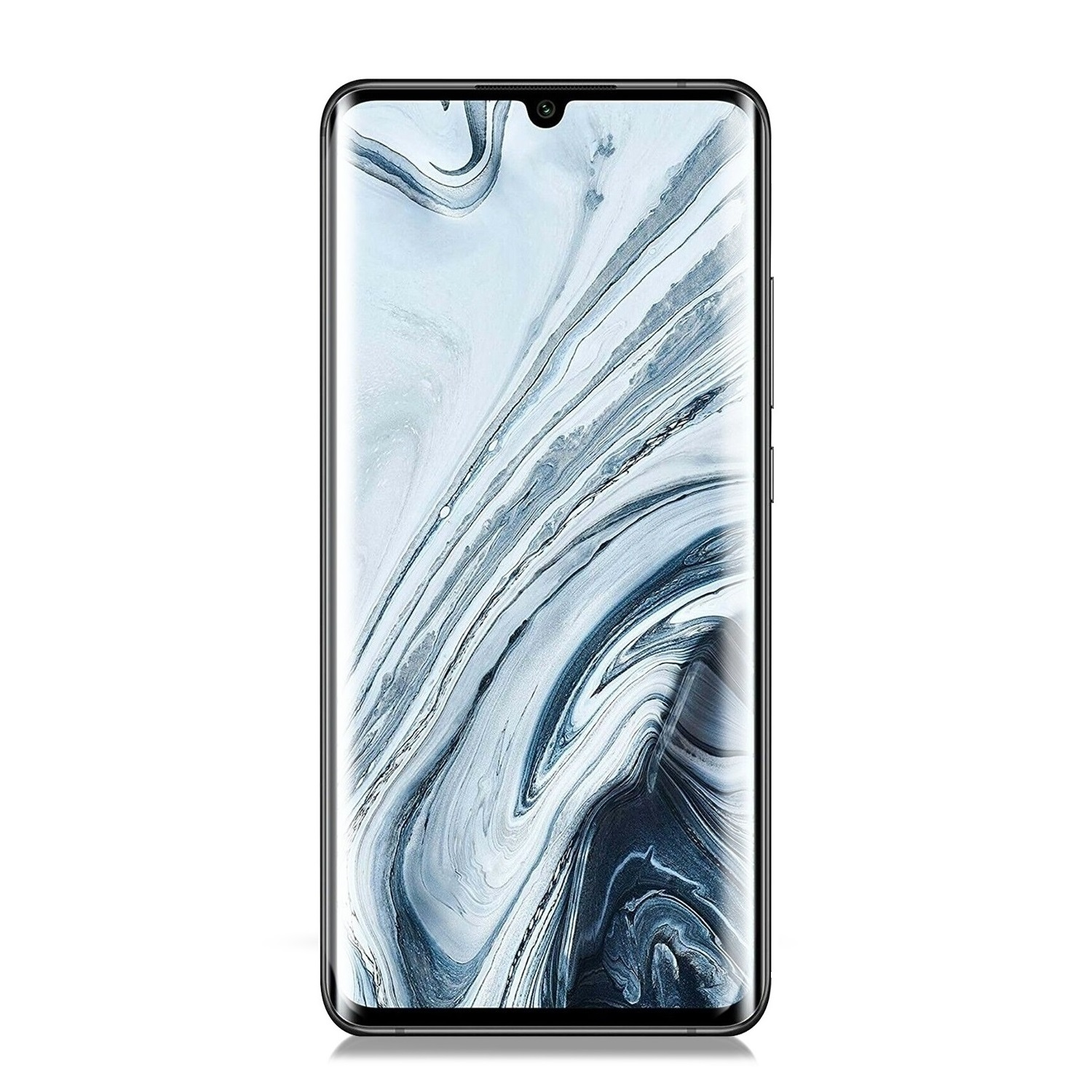 Smartphone mit gebogenem Bildschirm, der ein wirbelndes, abstraktes weißes und graues Muster zeigt.