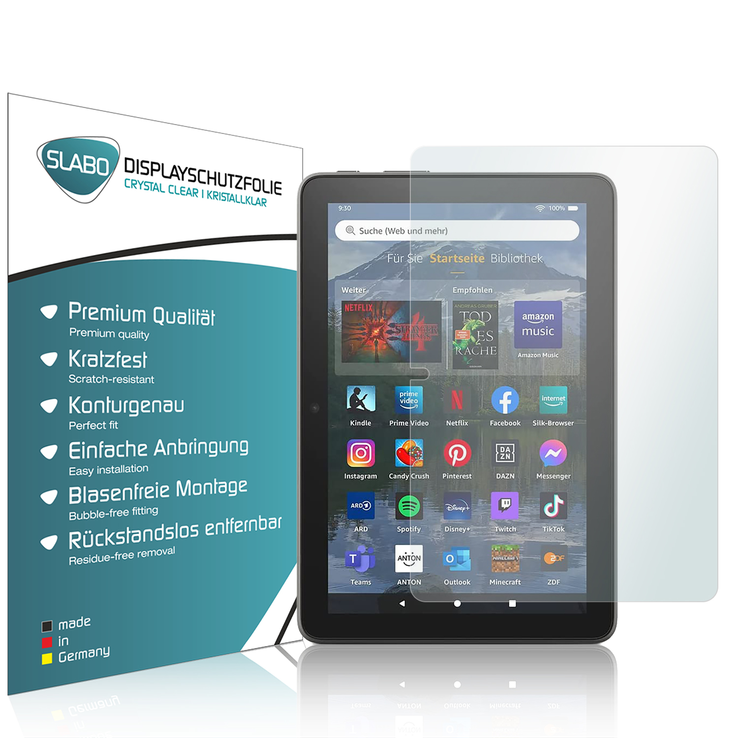 Tablet mit Displayschutzfolie und Informationsblatt. Der Bildschirm zeigt App-Symbole. Der Schutz hat Text.