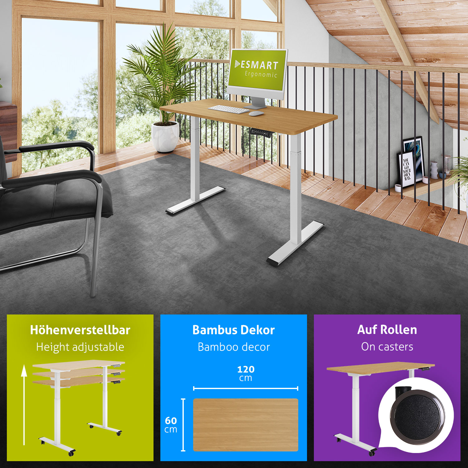 höhenverstellbarer 120 60 ERX-122WBA cm Rollen auf x elektrisch Schreibtisch ESMART