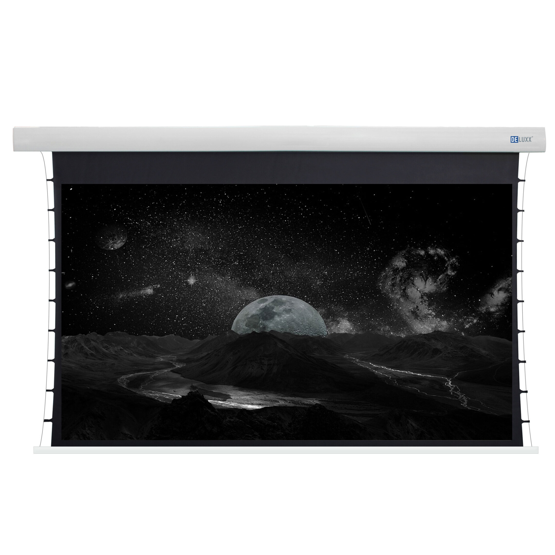 Projektorleinwand mit einer Weltraumszene. Der Mond ist mit sternförmigem Hintergrund sichtbar.