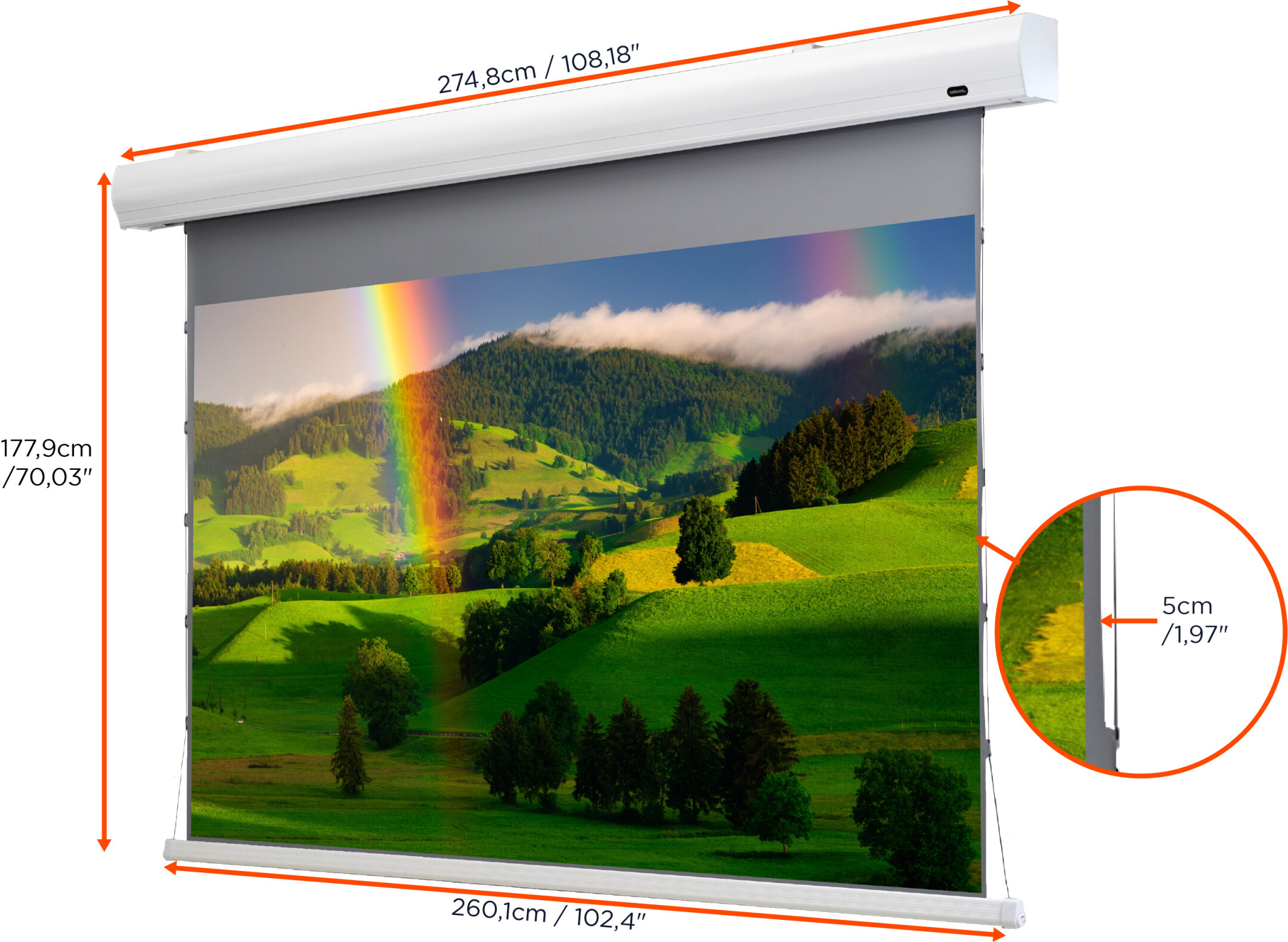 Ein großer Bildschirm, der eine farbenfrohe Landschaft mit Regenbogen anzeigt, an der Decke befestigt.