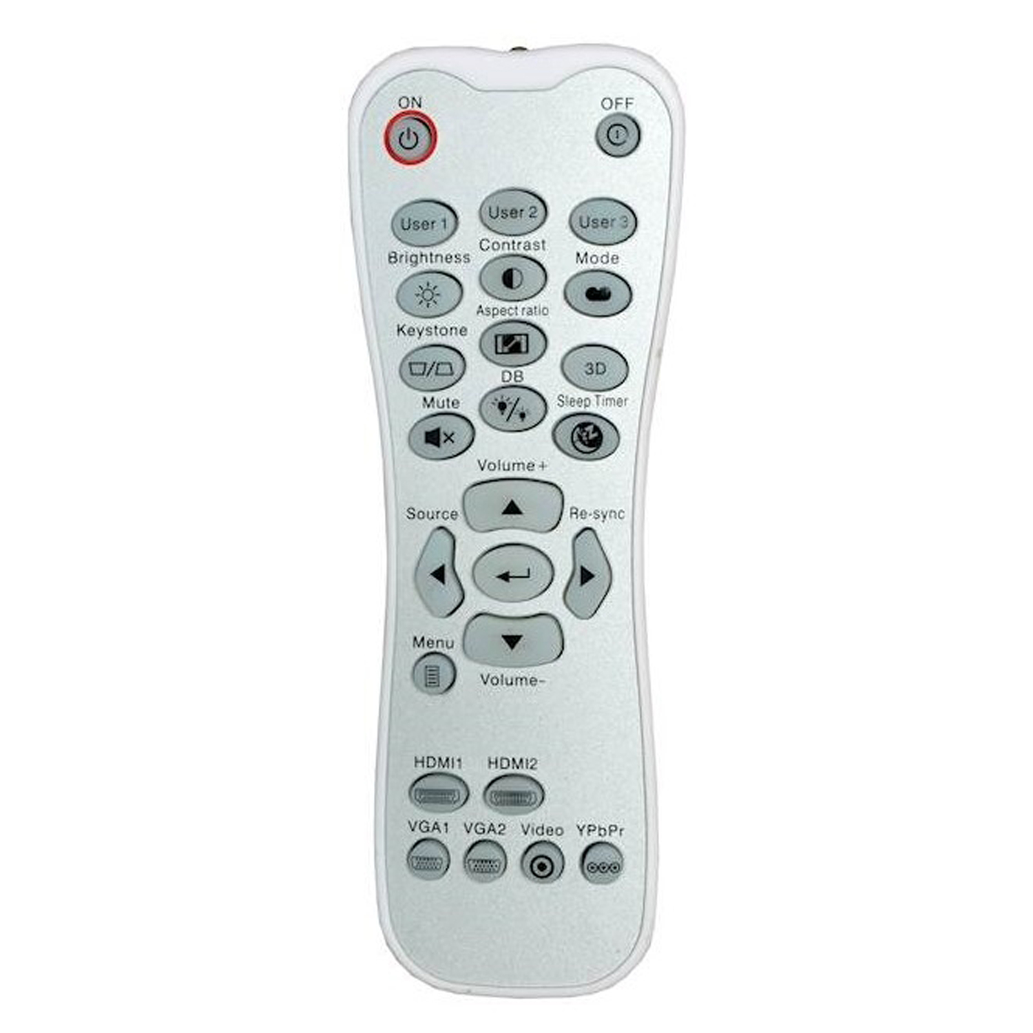 Telecomando argentato per proiettore con molti pulsanti, tra cui accensione, volume e opzioni di menu.